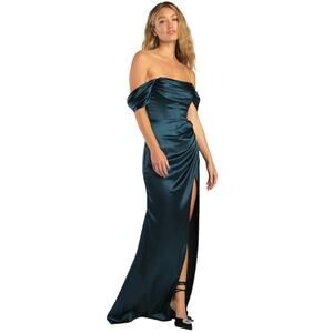 LULUS Stunning Arrival Dark Teal Satin Off-The-Shoulder‎ Maxi Dress-Size M